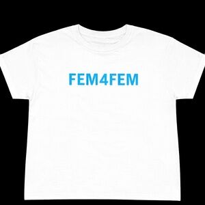 White FEM4FEM T-Shirt Blue Glitter Text